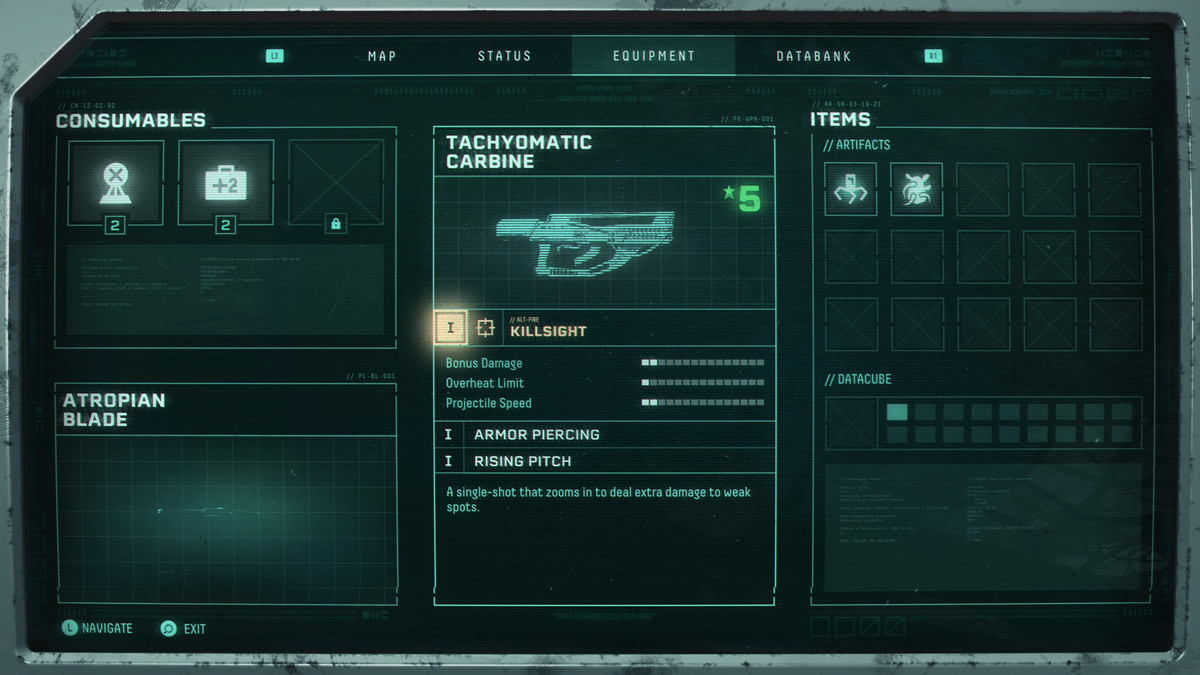 Una schermata di informazioni sulla pistola in Returnal