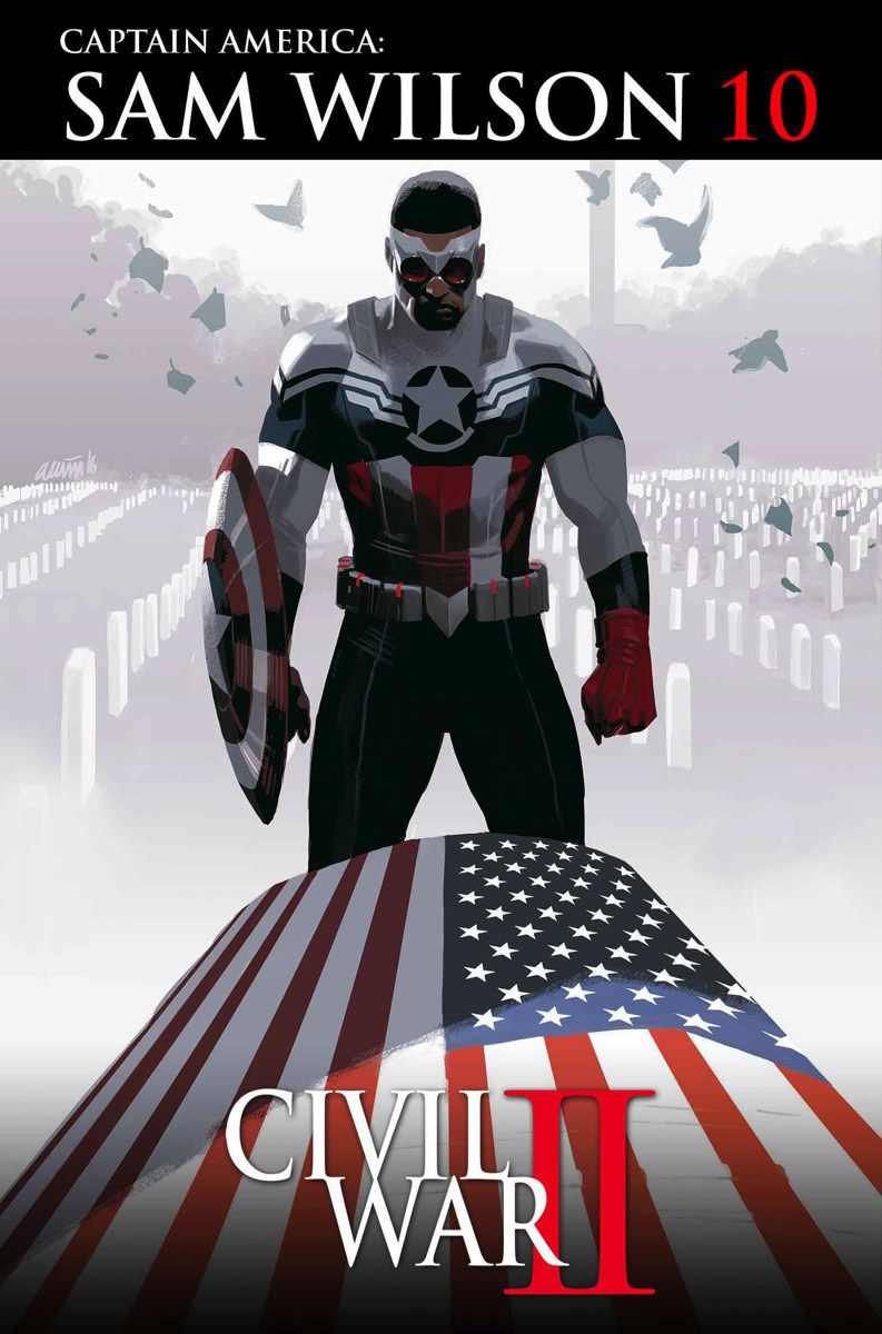 Sam Wilson / Captain America si trova su una bara coperta di bandiera americana ad Arlington, vestito con il suo costume da Capitan America senza ali rosso, bianco e blu, con lo scudo di Capitan America sul braccio, sulla copertina di Captain America: Sam Wilson # 10, Marvel Comics (2016).