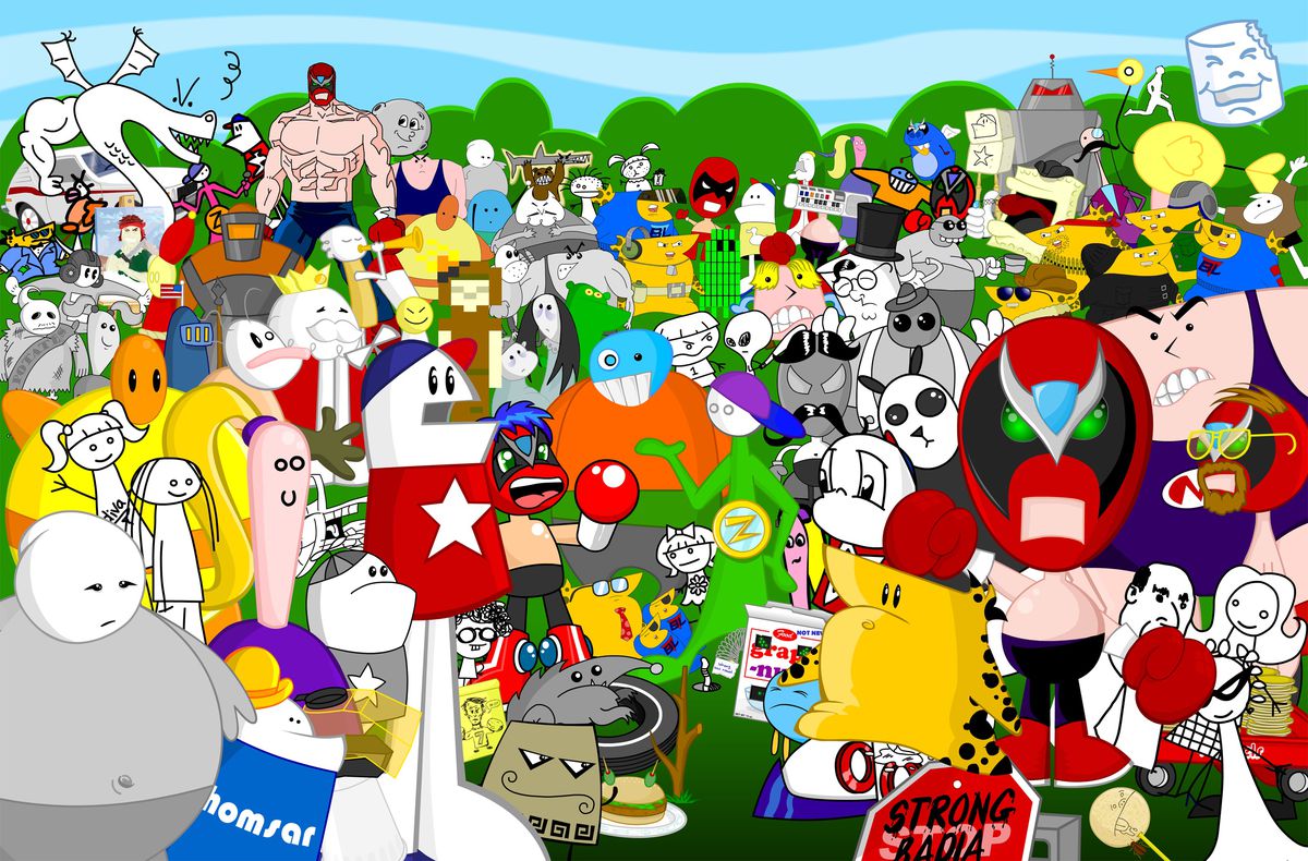 I personaggi di Homestar Runner stanno su un campo per una foto di gruppo salutando