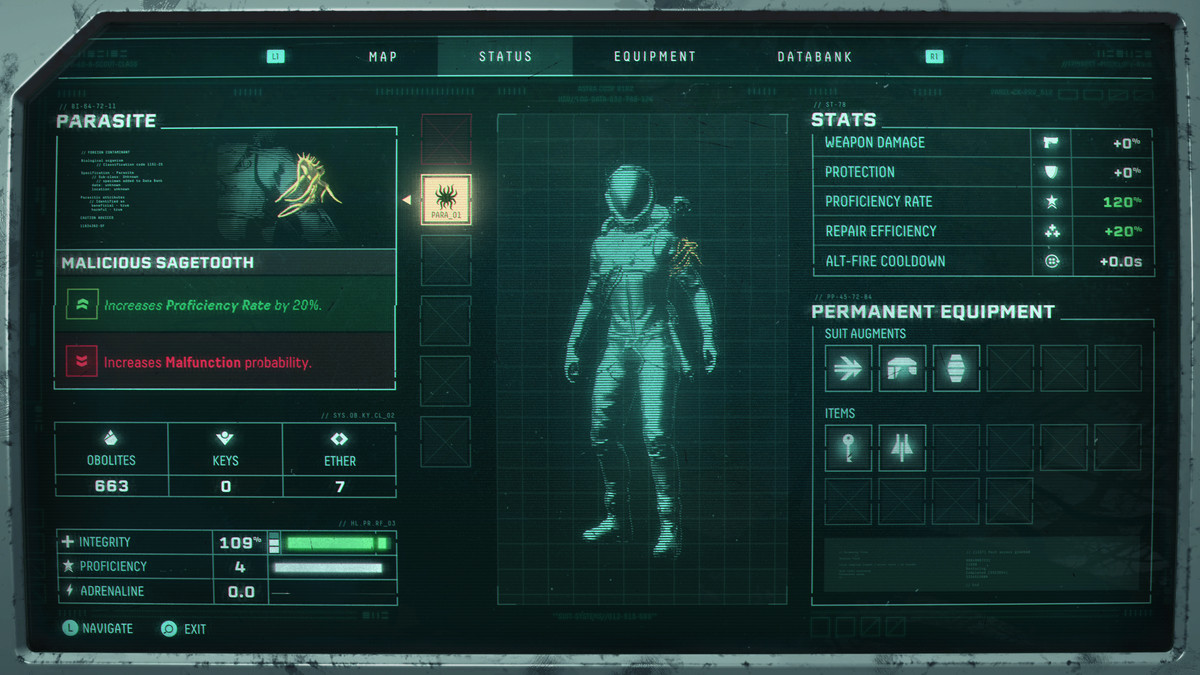 Una schermata di informazioni sui parassiti in Returnal