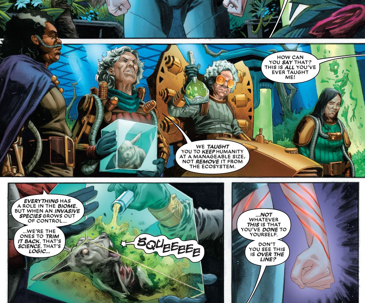 Hordeculture, un gruppo di scienziate pazze settantenni femminili discutono con un protetto su quanto sia pericoloso il suo piano di distruggere l'umanità, in Avengers: Curse of the Man-Thing # 1, Marvel Comics (2021).