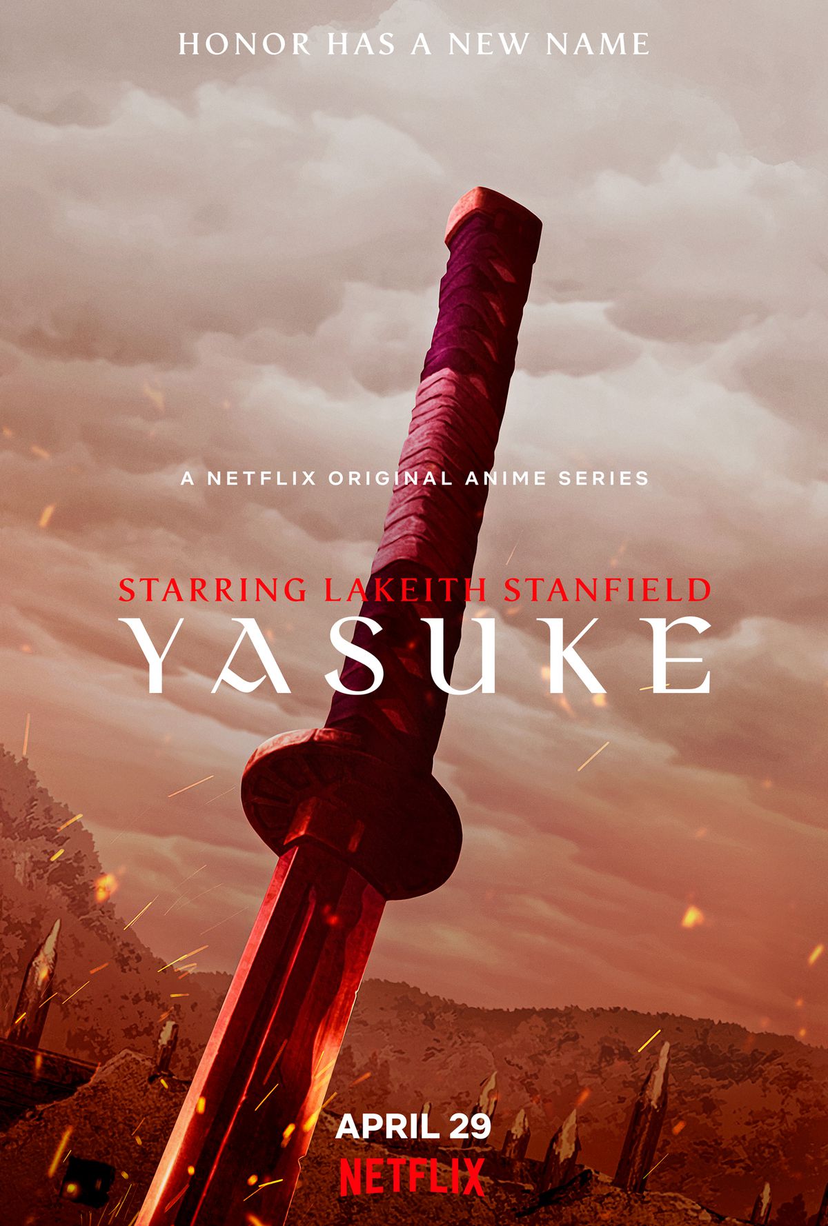 Un poster per l'anime Yasuke di Netflix con una spada conficcata nel terreno davanti a un campo
