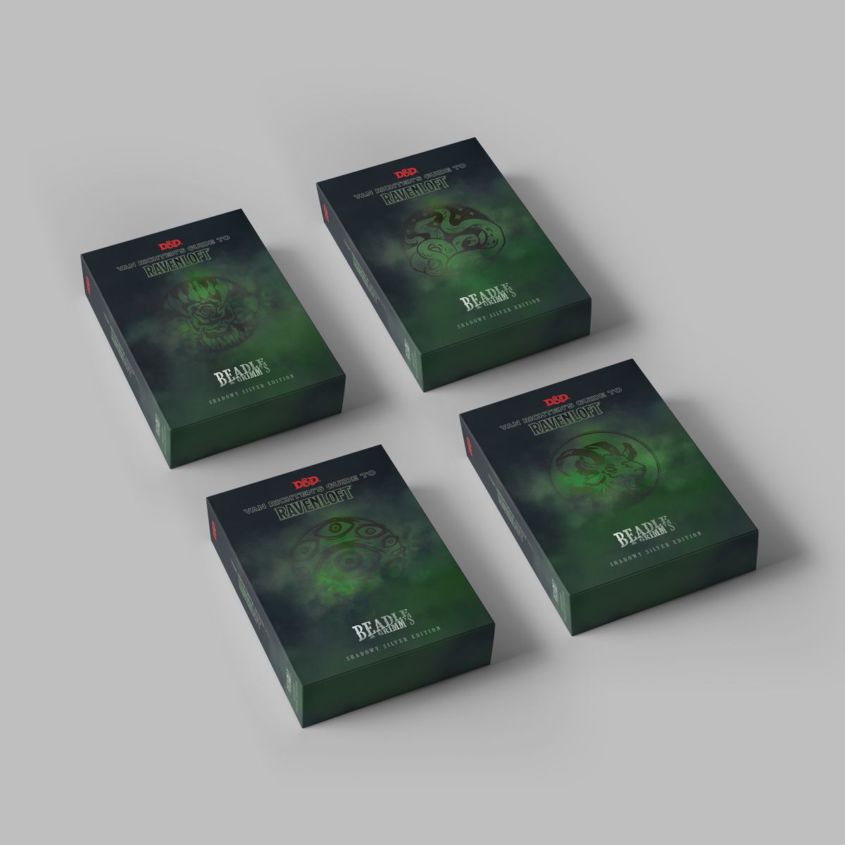 Quattro diverse scatole, ciascuna con diverse copertine per i molti regni di Ravenloft.
