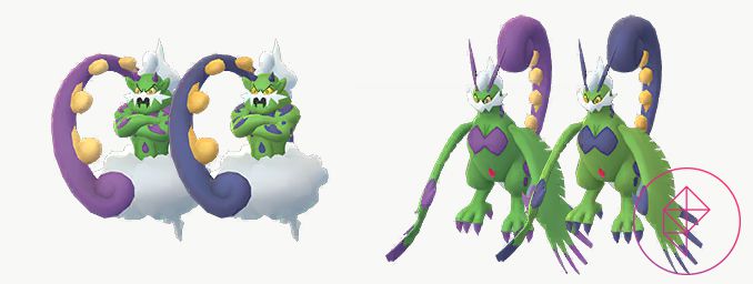 Shiny Tornadus con la sua forma regolare. Shiny Tornadus ha macchie e code blu invece che viola.