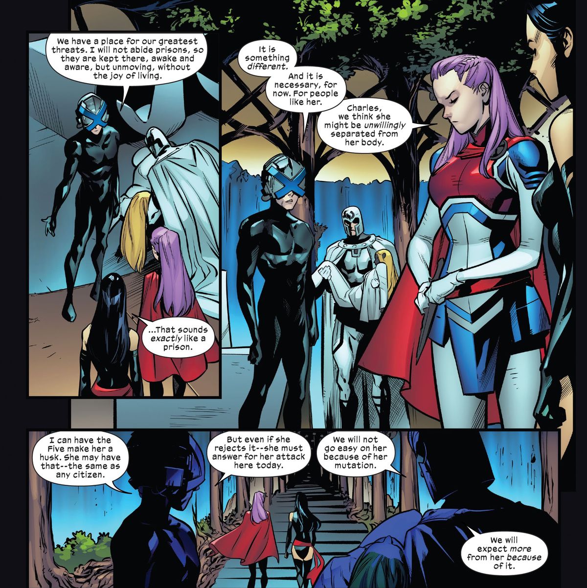 Il capitano Britain e Psylocke discutono del destino di Malice con il Professor X e Magento. I due uomini pensano che il mutante che ruba il corpo dovrebbe essere gettato nella