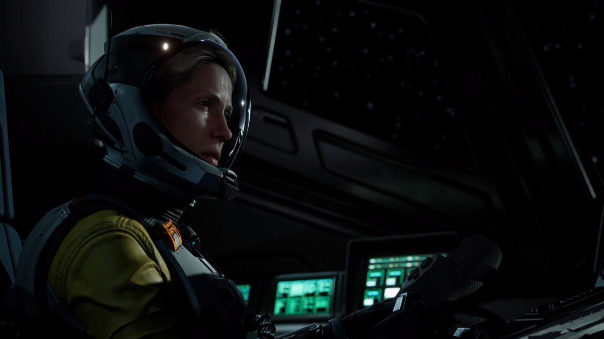 Selene nella cabina di pilotaggio della sua astronave in Returnal