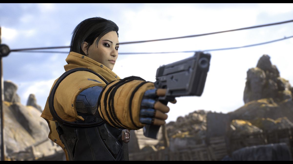 An Outriders character aims a pistol at something off-screen