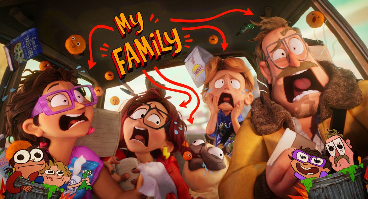 i Mitchell che urlano in una macchina, con parole scarabocchiate intorno a loro