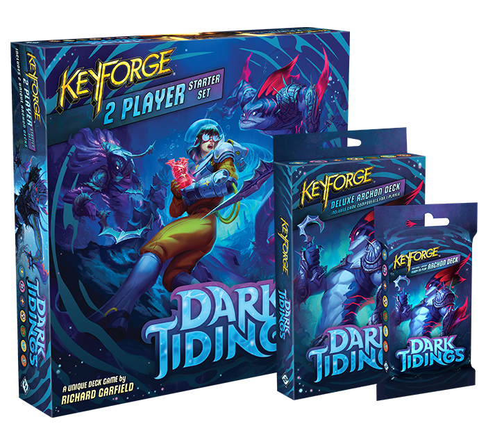 A selection of products for Keyforge: Dark Tidings, including unique packs and a starter set.