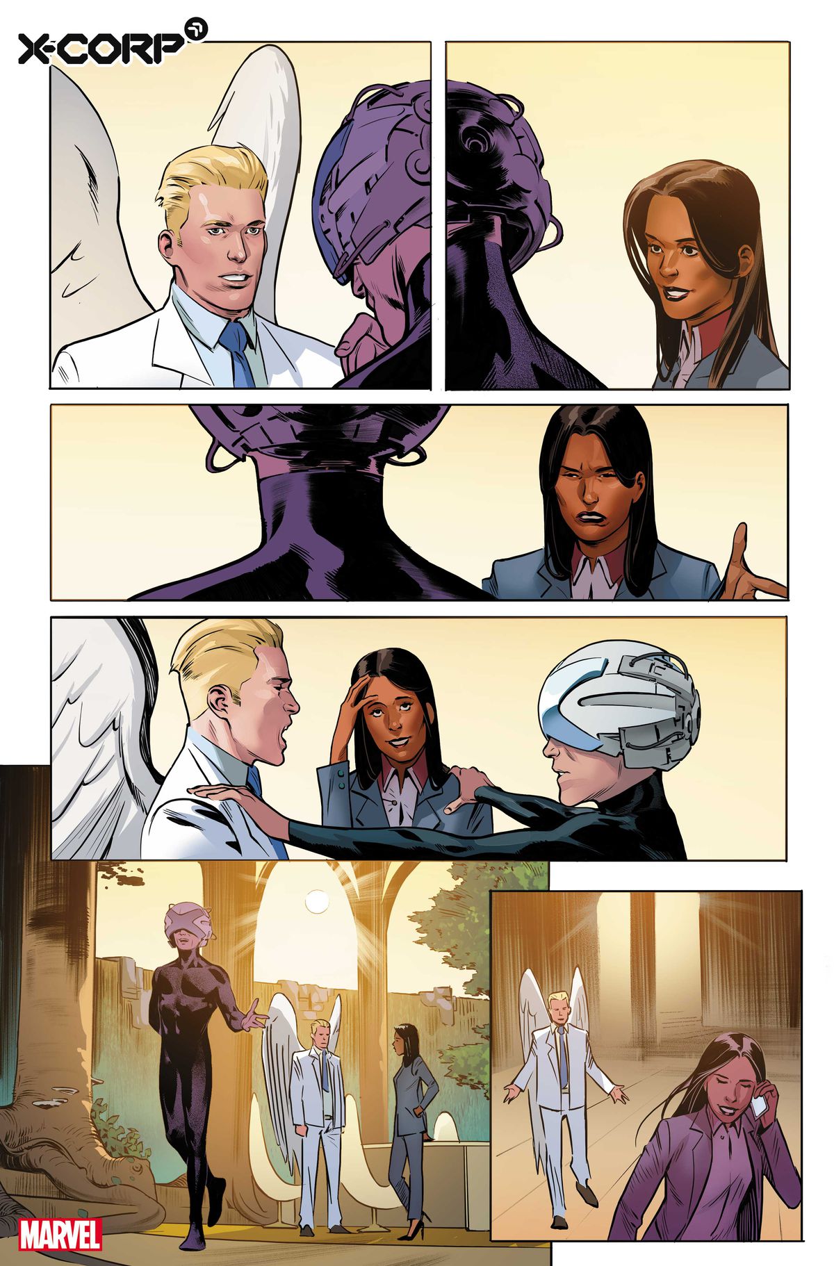 Angel, Monet St.Croix e Charles Xavier parlano tra loro nell'anteprima artistica di X-Corp # 1, Marvel Comics (2021)