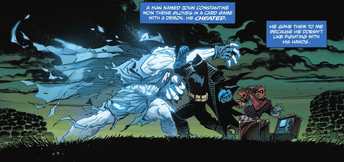 Batman lancia Gentleman Ghost uno con i guanti che John Constantine gli ha dato una volta, in Batman: The Detective # 1, DC Comics (2021).