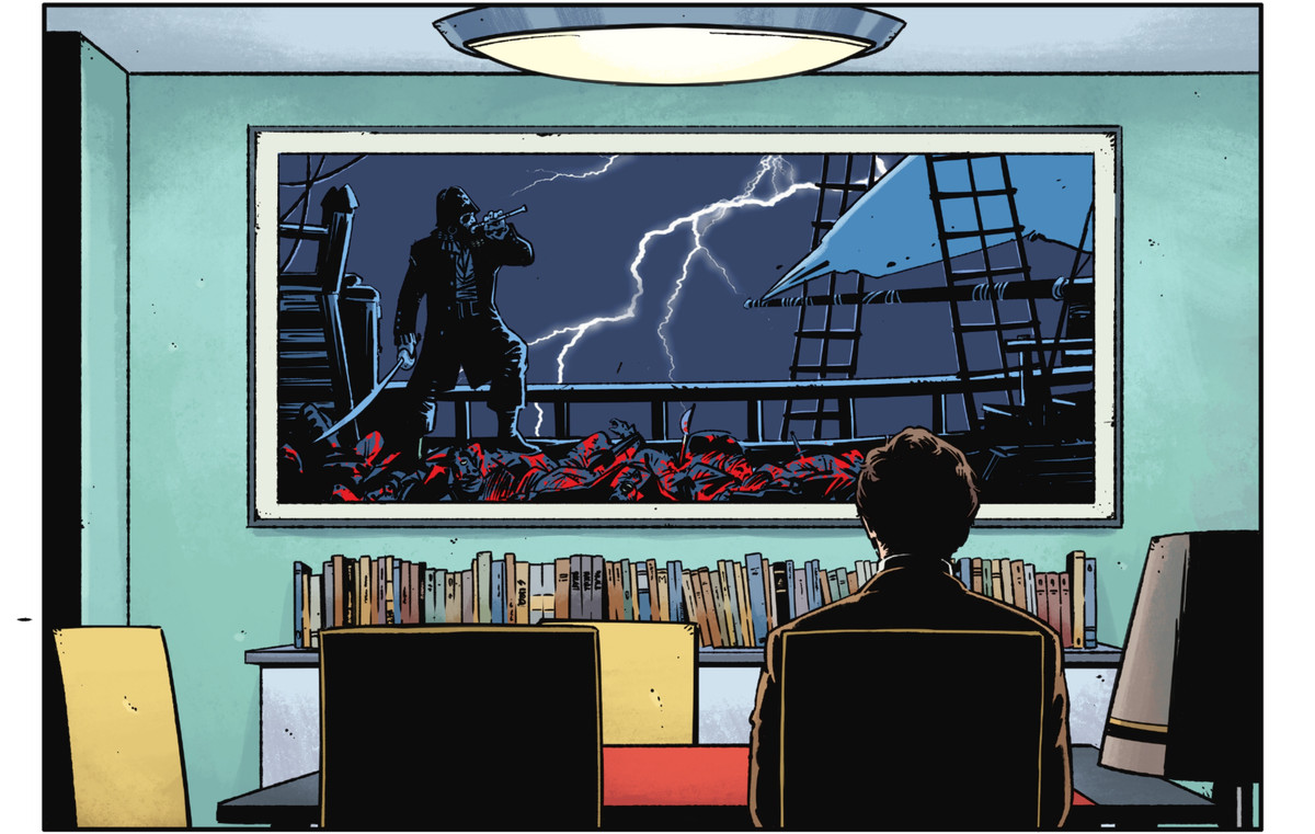 Un uomo siede a un tavolo da pranzo davanti a un grande dipinto di un pirata in piedi sul ponte di una nave ricoperta di cadaveri insanguinati. Il pirata fa un piffero, mentre un fulmine scoppietta sullo sfondo proprio come sulla copertina di The Dark Knight Returns, in Rorschach # 7, DC Comics (2021)