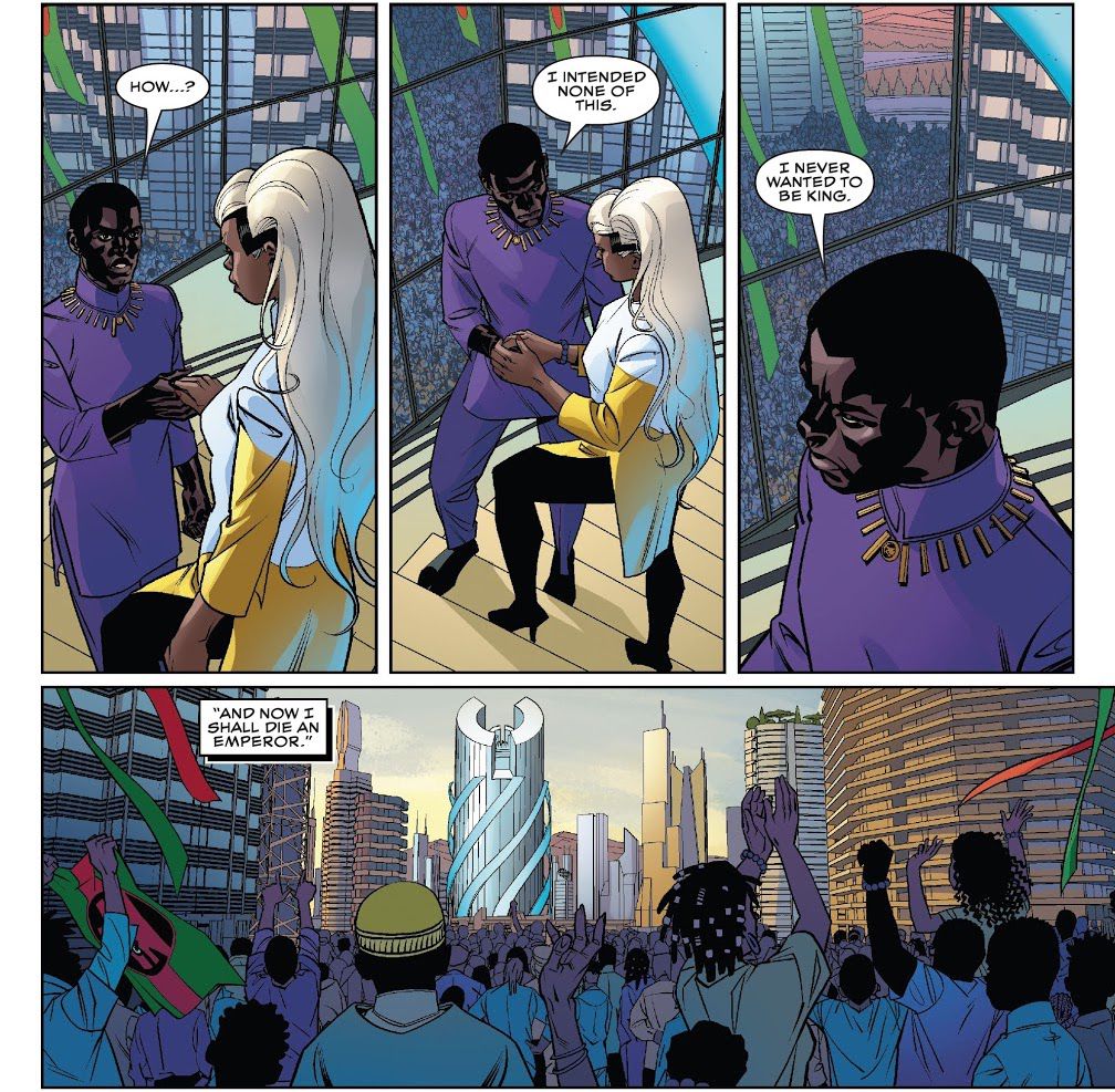“I intended none of this,” T’Challa says, “I never wanted to be king. And now I shall die an emperor.” Black Panther #25, Marvel Comics (2021). 
