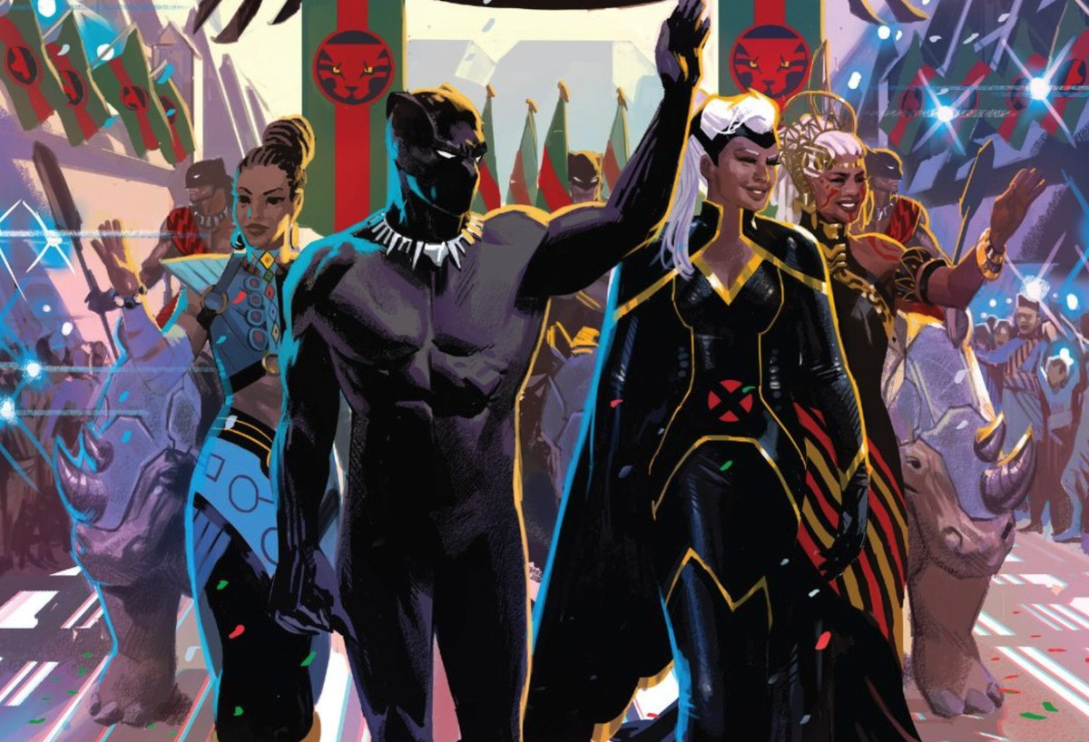 T’Challa, Storm, Shuri, and Queen Ramonda wave to a jubilant crowd.
