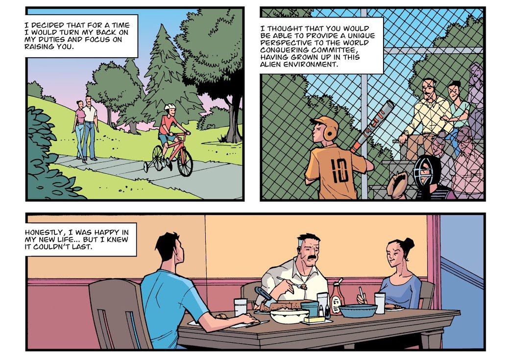 Omni-Man spiega come ha messo da parte i suoi doveri per un breve periodo per crescere Mark, mentre capiva che alla fine avrebbe dovuto riprenderli.