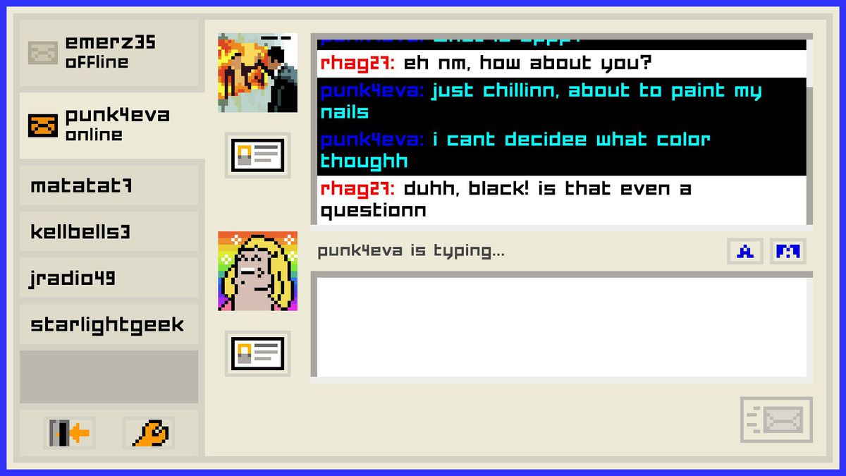 In Emily Is Away Too, puoi parlare con Evelyn (nella foto) o Emily