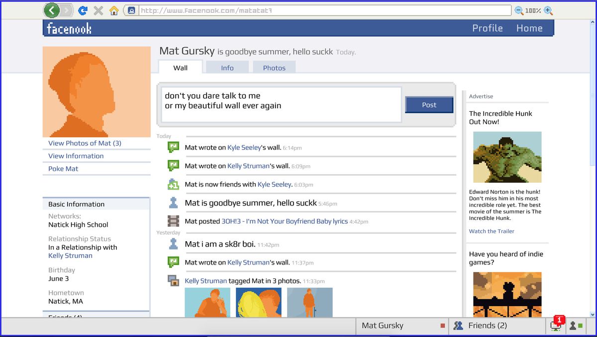 La pagina del profilo di Mat, uno dei personaggi di Emily Is Away <3