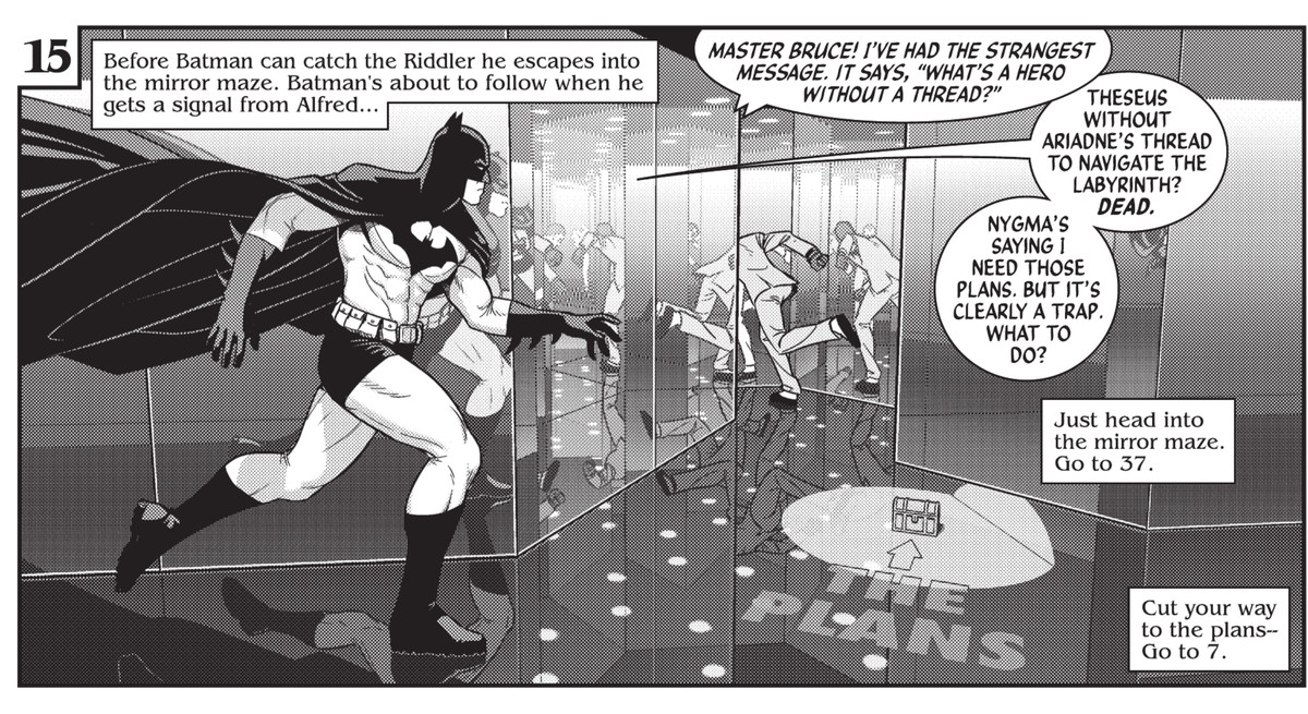 Batman insegue l'Enigmista in un labirinto di specchi. I capitani dicono al lettore di andare a pagina 37 per entrare nel labirinto degli specchi, oa pagina 7 per aggirarlo, in Batman: Black and White # 5, DC Comics (2021).