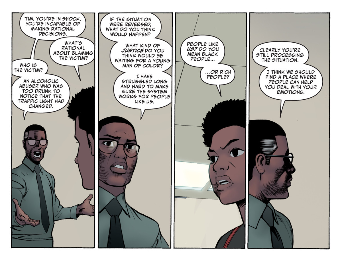 Lucious Fox e suo figlio Tim / Jace discutono sulle misure che Lucious sta prendendo per proteggere Tim dalla colpevolezza nella sua guida distratta in The Next Batman: Second Son, DC Comics (2021).