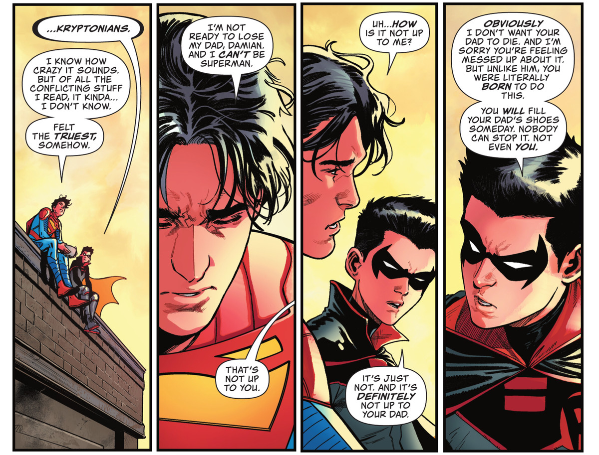 Damian Wayne / Robin dice a Jon Kent / Superboy che non può scegliere se essere Superman o no. Alla fine riempirà i panni di suo padre, in Action Comics # 1030, DC Comics (2021).