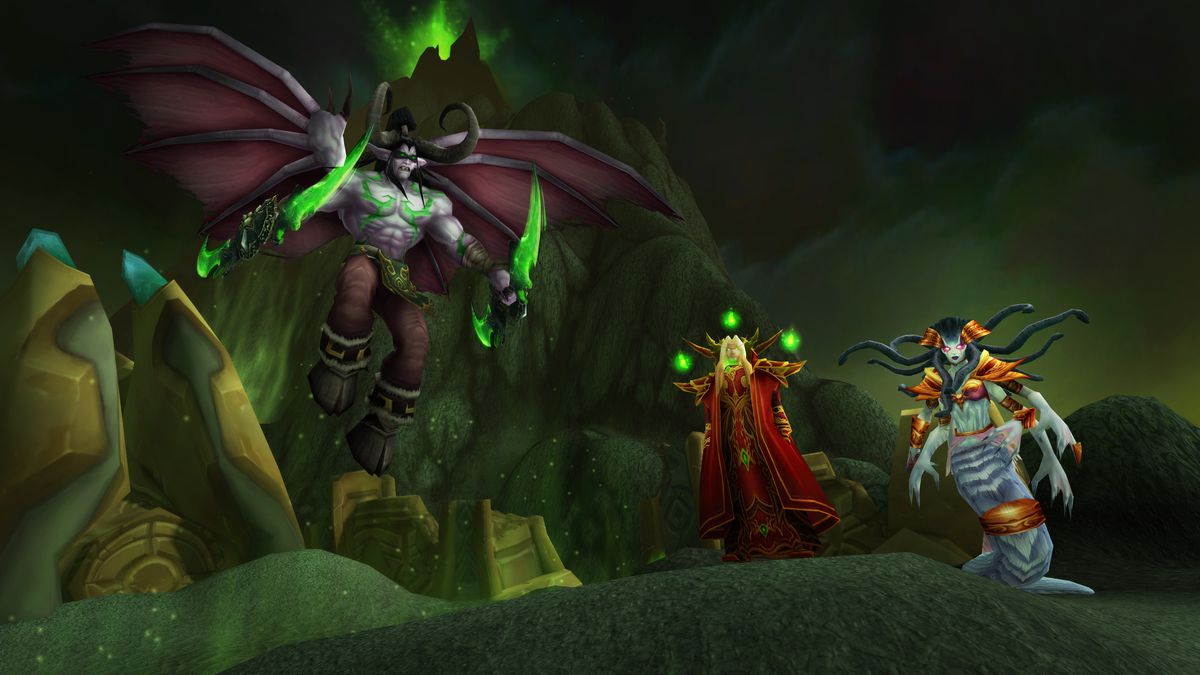 World of Warcraft: Burning Crusade: Classic - Illidan Stormrage, Kael'thas Sunstrider e Lady Vashj stanno minacciosamente su una scogliera nella Valle di Torvaluna