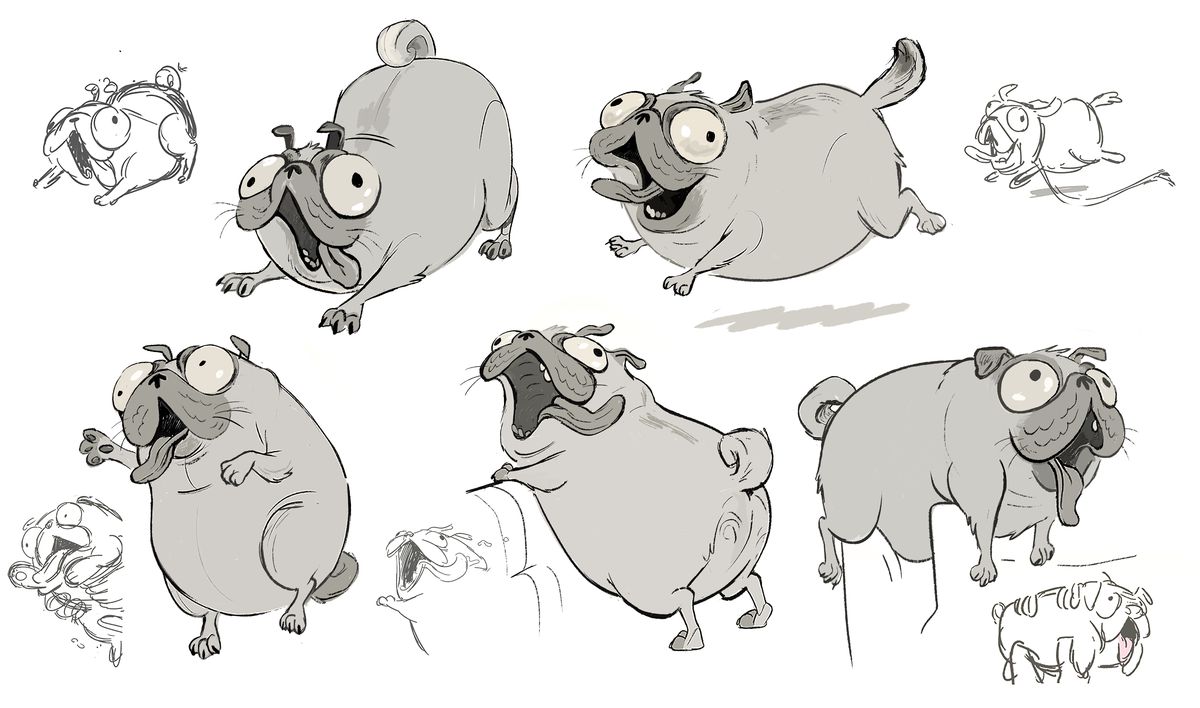 Una serie di schizzi di sviluppo per lo più in scala di grigi di Monchi il carlino che corre, drappeggiato sui sedili e gioca