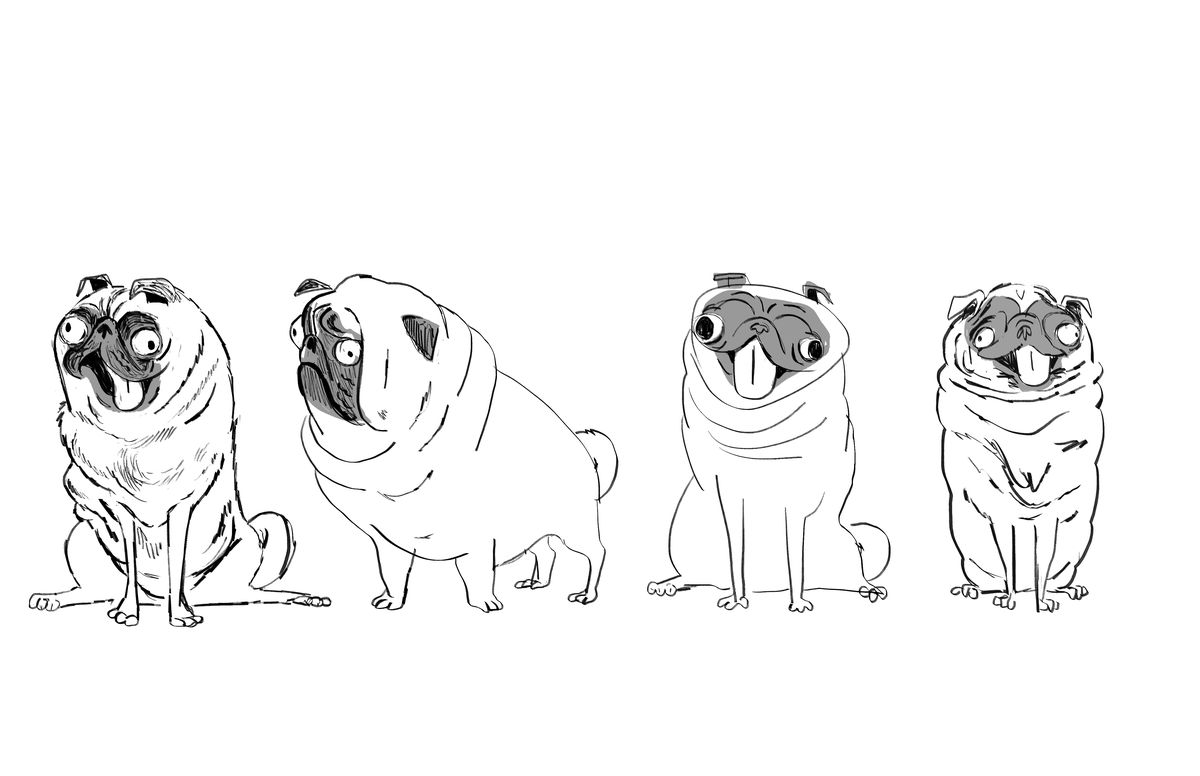 I primi schizzi concettuali di Lindsey Olivares di Monchi seduto e in piedi, con gli occhi di traverso e la lingua fuori