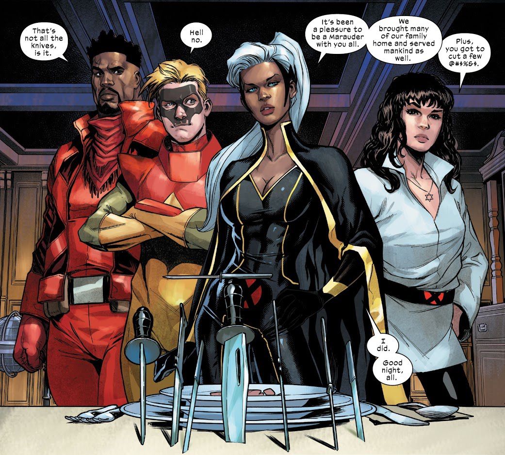 Storm è al suo posto, salutando i Malandrini. Sette coltelli vengono infilzati nel tavolo.