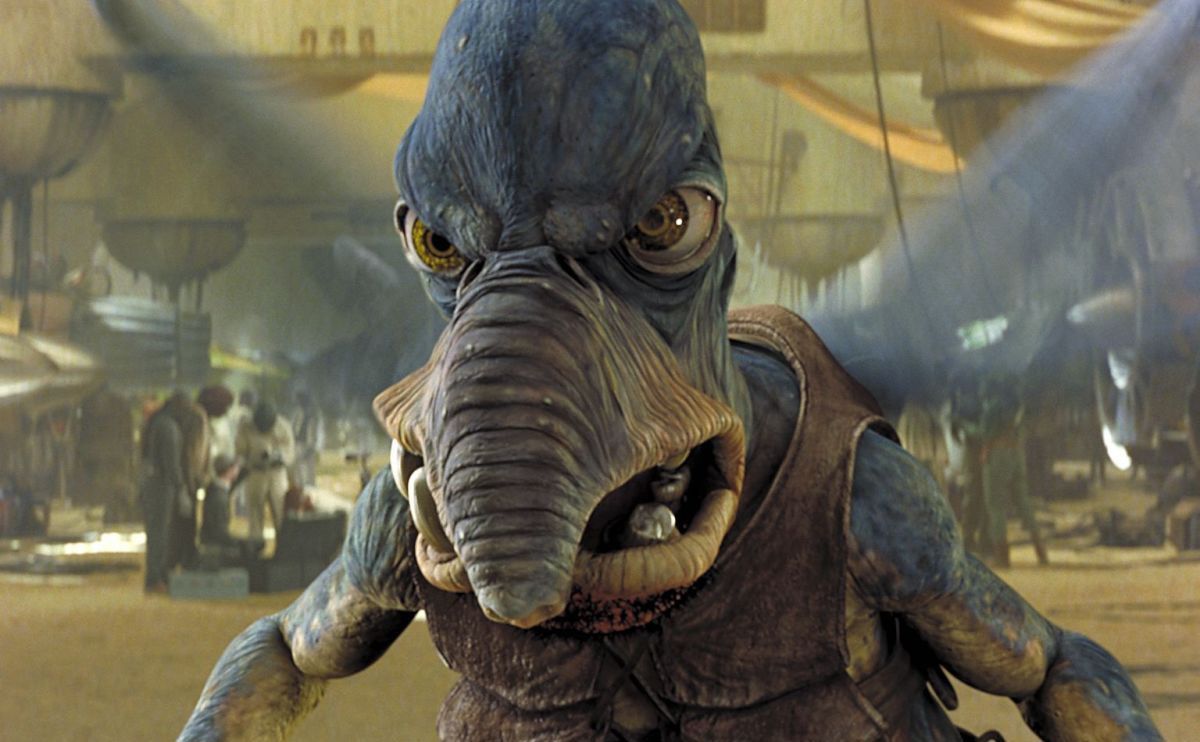 Watto alieno volante dal naso tronco, dalla pelle blu, visto in primo piano in La minaccia fantasma