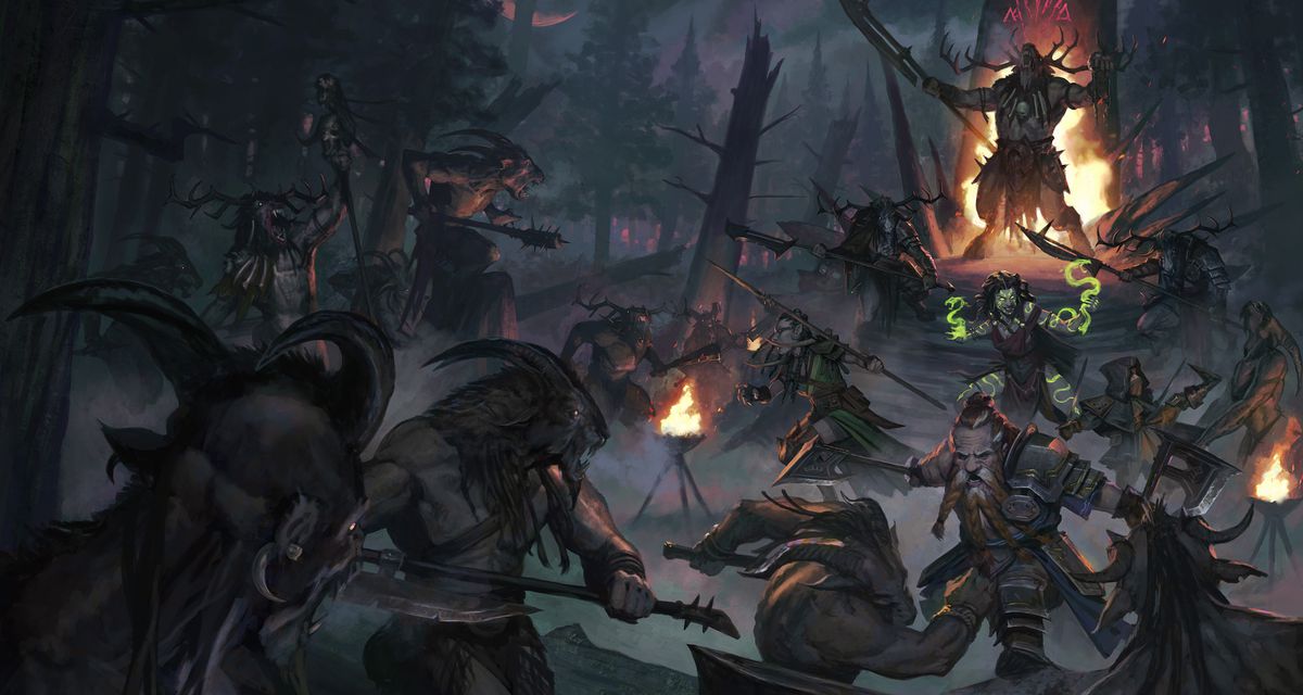 Wild, cloven hooved staggaoth surround a magic user and a dwarf, an altar of flame in the background.