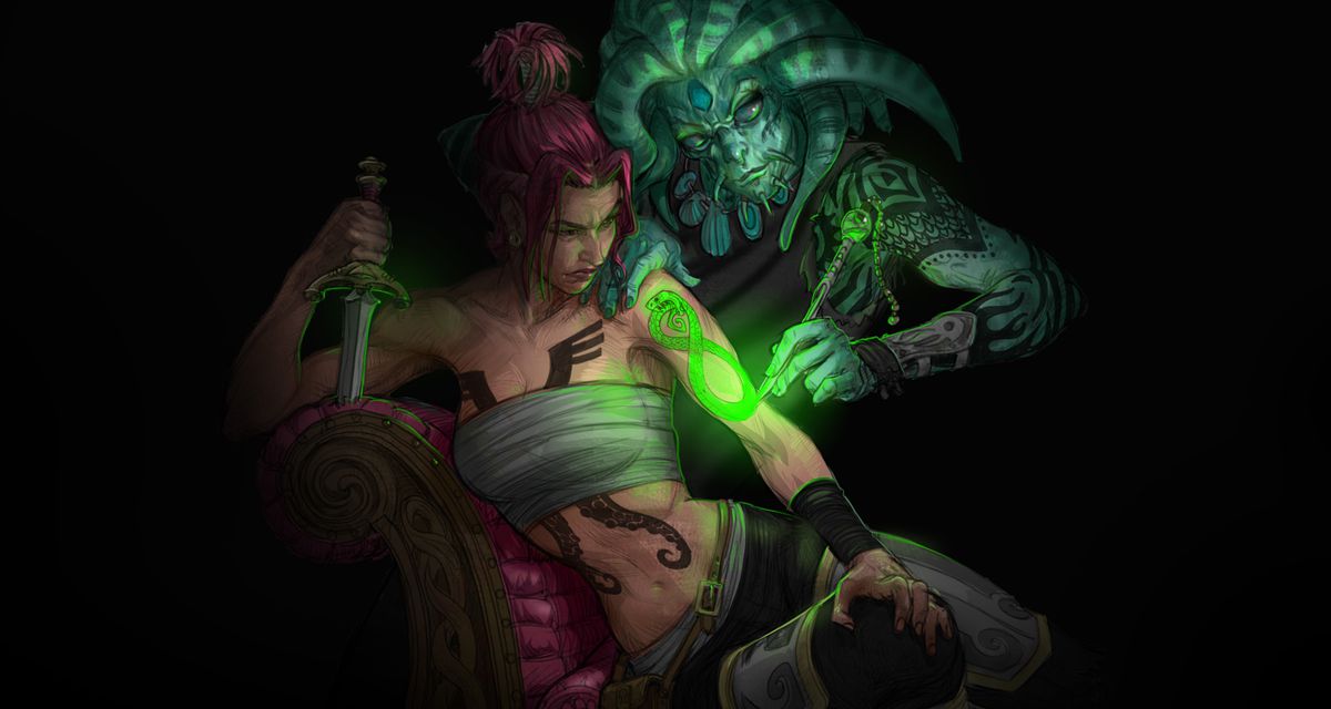 A woman reclines on a fainting couch while getting a magical tattoo.