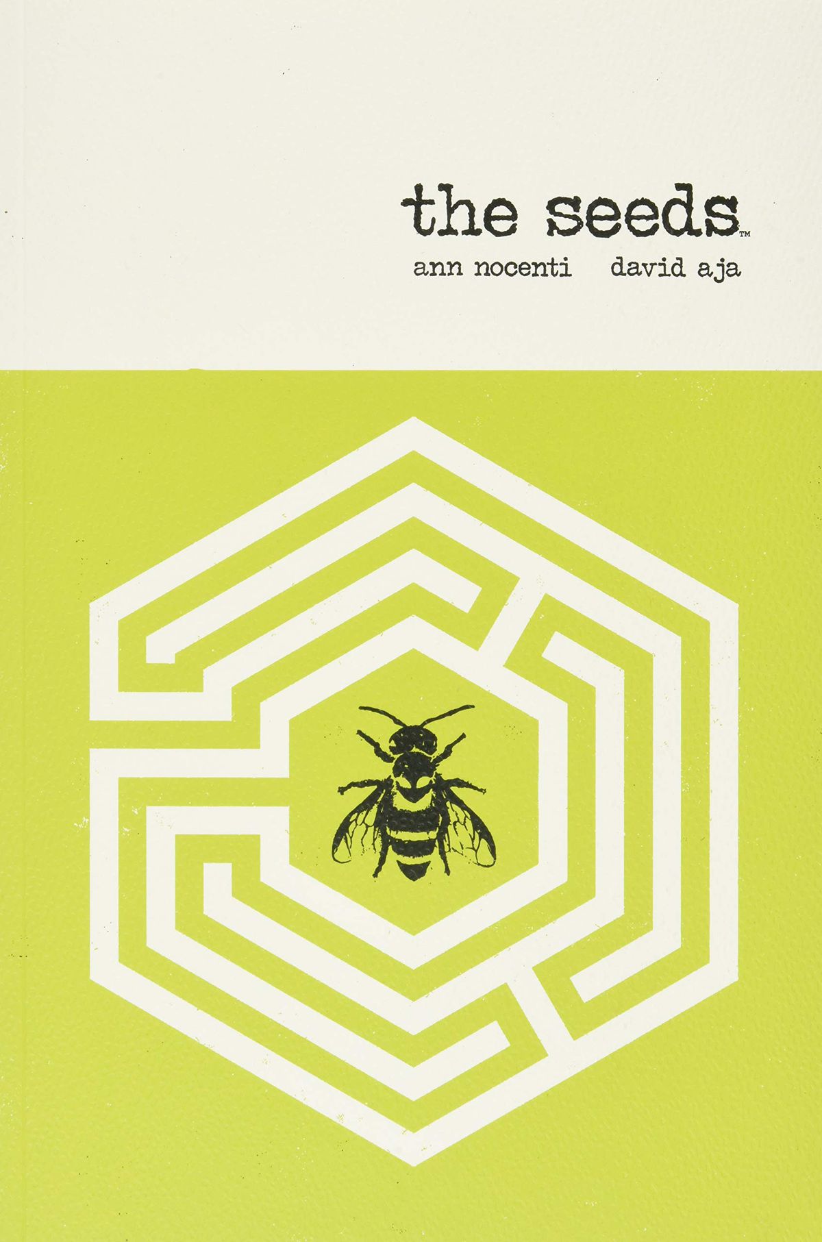 A graphic image of a bee, at the center of a labyrinth, on the cover of The Seeds.