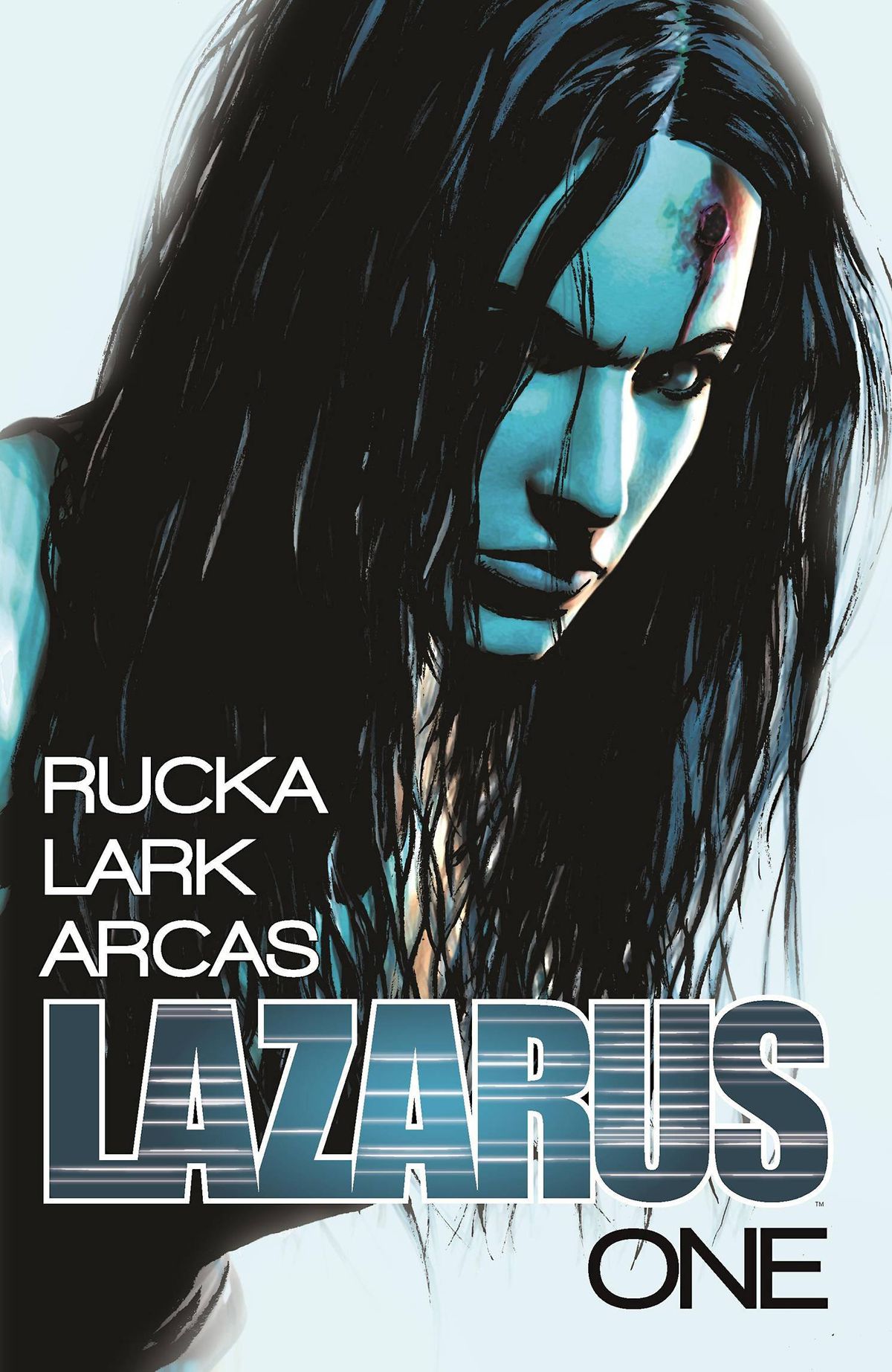 Forever Carlyle, stares angrily with a bullet wound through her head on the cover of Lazarus Vol. 1.