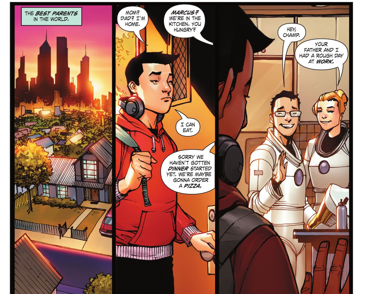 Marcus, alias il principe scimmia, torna a casa con i sorrisi dei suoi genitori, che si stanno togliendo le divise da scagnozzi nel DC Festival of Heroes # 1, DC Comics (2021).