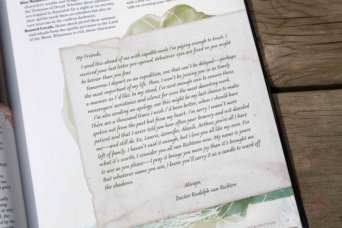 Una lettera di Rudolph van Richten;  «Non ti ho mai detto quanto spesso il tuo coraggio e la tua arguzia mi irritano, e lo fanno ancora. [...] Sei tutto quello che mi resta della famiglia.  Non l'ho detto abbastanza, ma vi amo tutti come i miei.