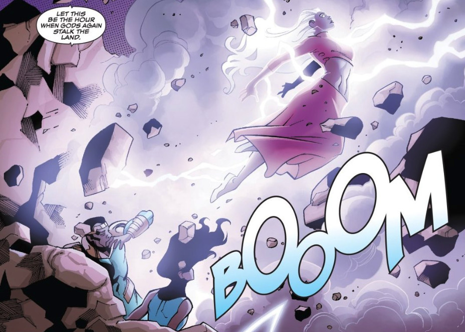 Storm smashes free of a rockfall in a flare of lightning. “Let this be the hour when gods again stalk the land,” says an off-panel voice. 