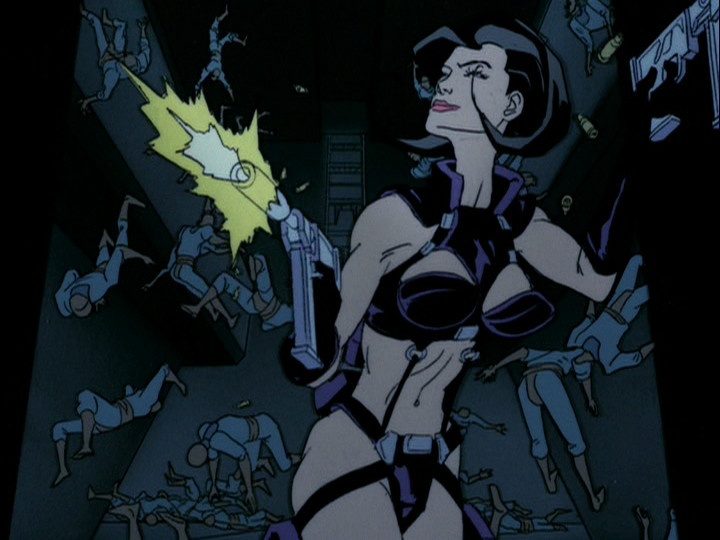 Aeon Flux corre attraverso un corridoio mentre innumerevoli corpi crivellati di proiettili piovono sulla sua scia.