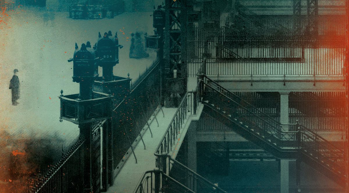 Detail from the cover of The Hidden Palace, with human figures appearing to stand in mid-air near a turn of the century train station