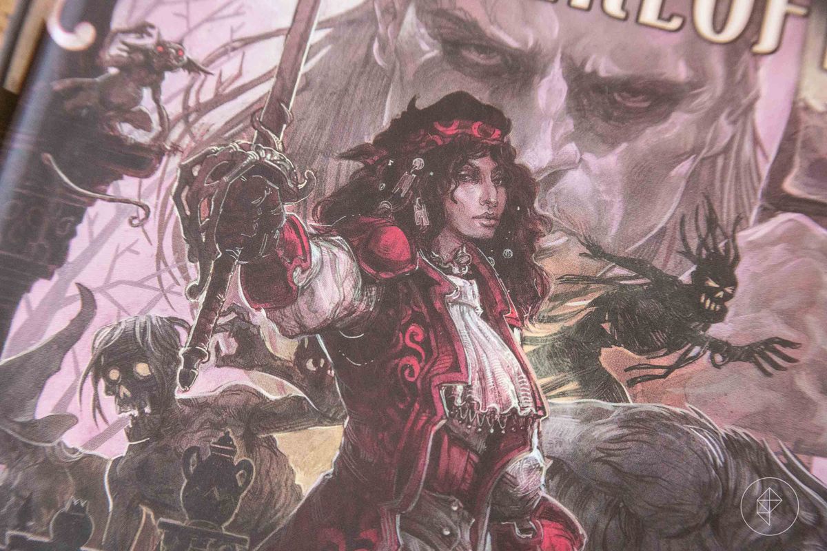 Ez D'Avenir si alza con aria di sfida mentre il vampiro, Strahd, si nasconde dietro di lei.  È gigantesco.