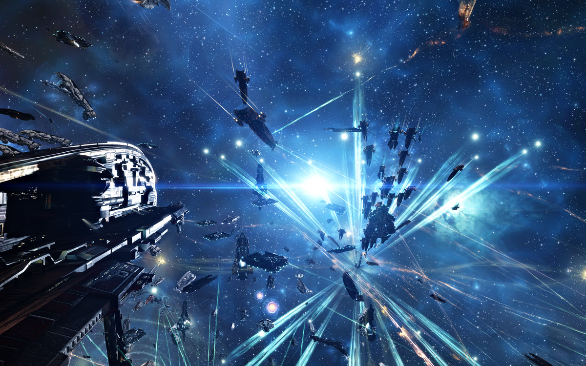 Ships in Eve Online tether to a nearby structure, preparing for battle.