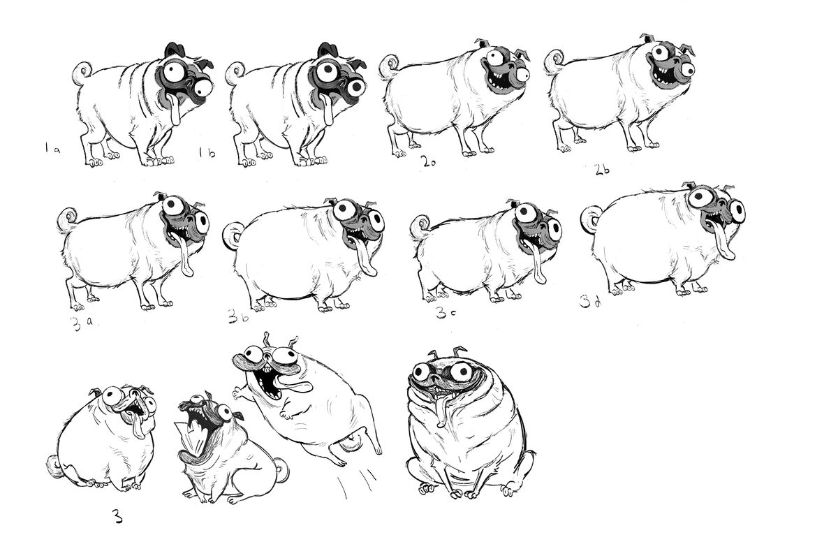 Una serie di schizzi evolutivi per Monchi il carlino, per lo più in piedi, con vari livelli di lingua penzoloni, denti mancanti e occhi spenti