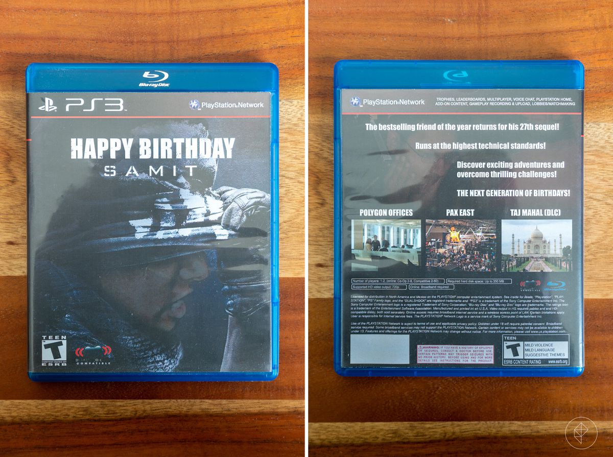 two side-by-side photos of the front and back of a Blu-ray case with an insert in the style of the Call of Duty: Ghosts PS3 box art that reads “HAPPY BIRTHDAY SAMIT”