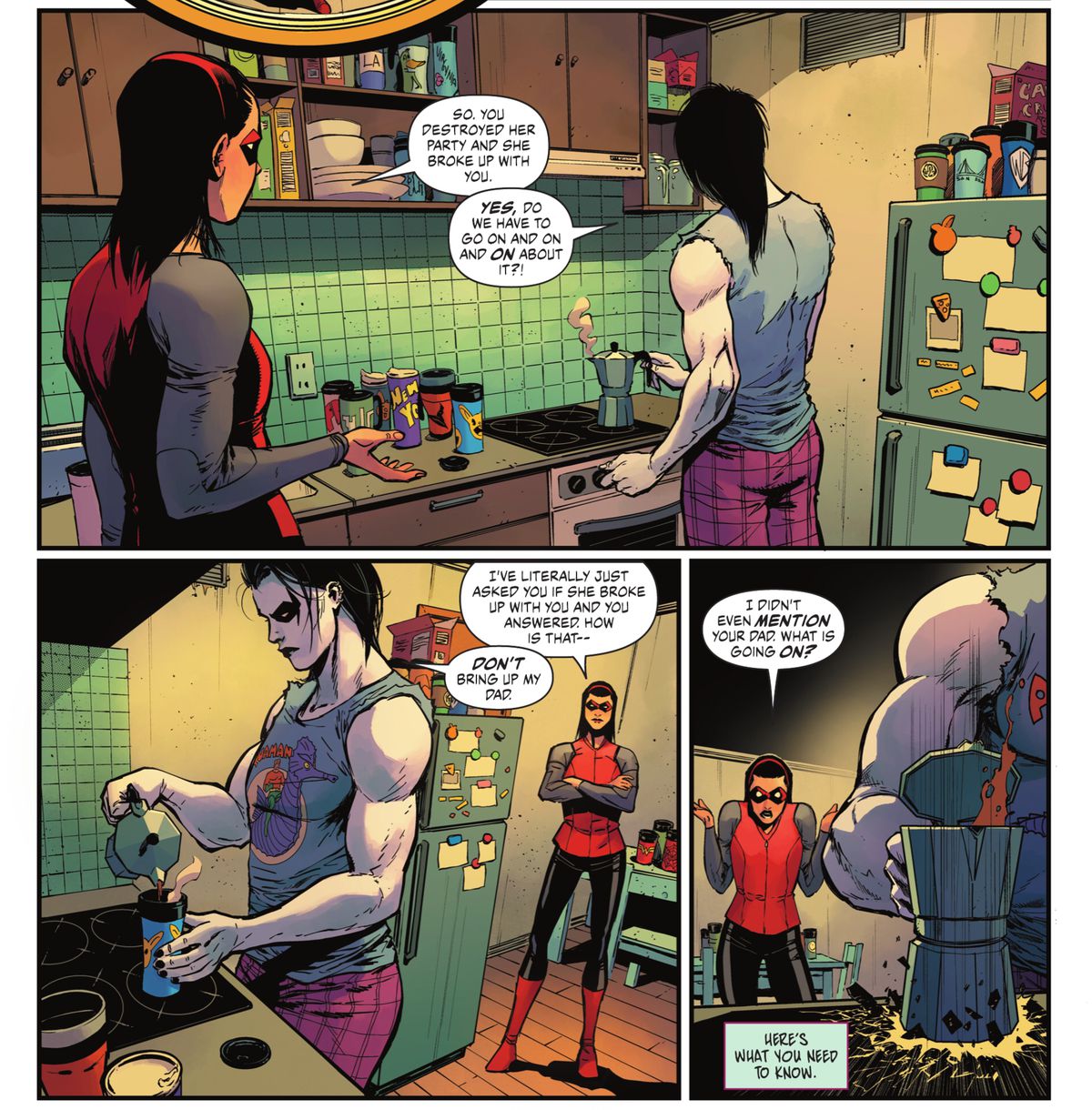Crush prepara una cioccolata calda in una moka mentre discute con Red Arrow in Crush & Lobo #1, (2021).