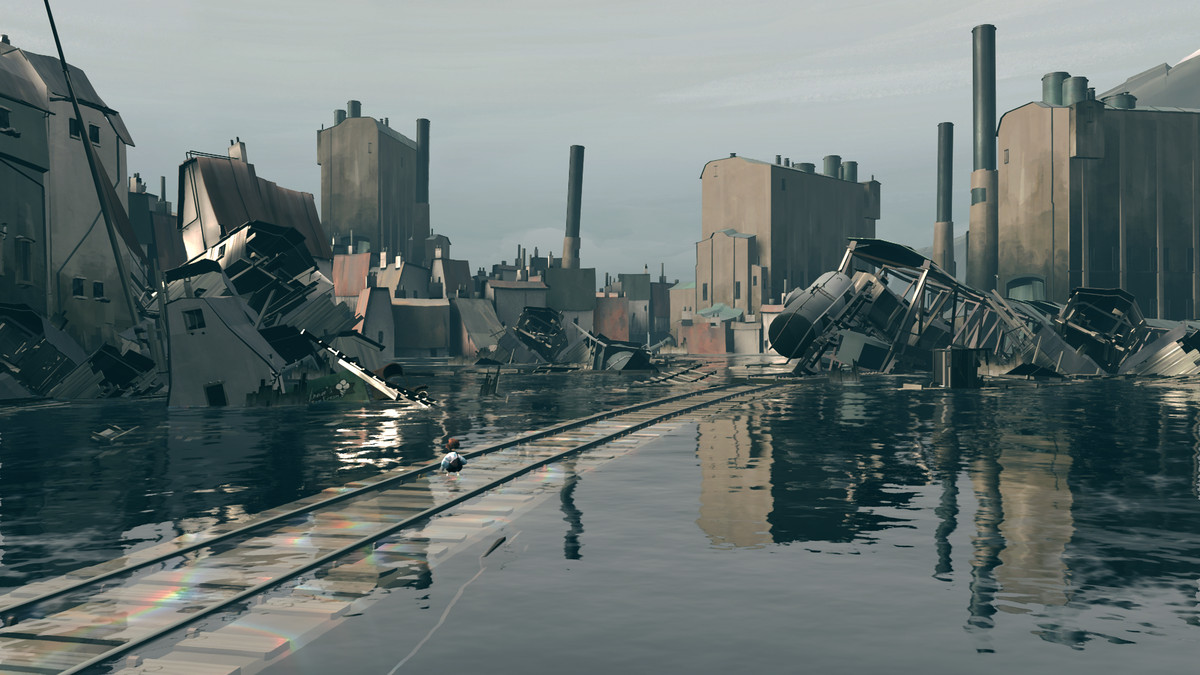 Una linea ferroviaria svanisce in lontananza, macerie sui binari.