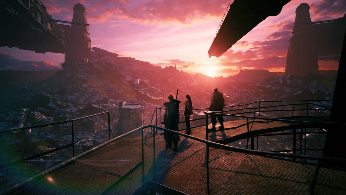 Cloud, Tifa e Barret guardano il tramonto in Final Fantasy 7 Remake