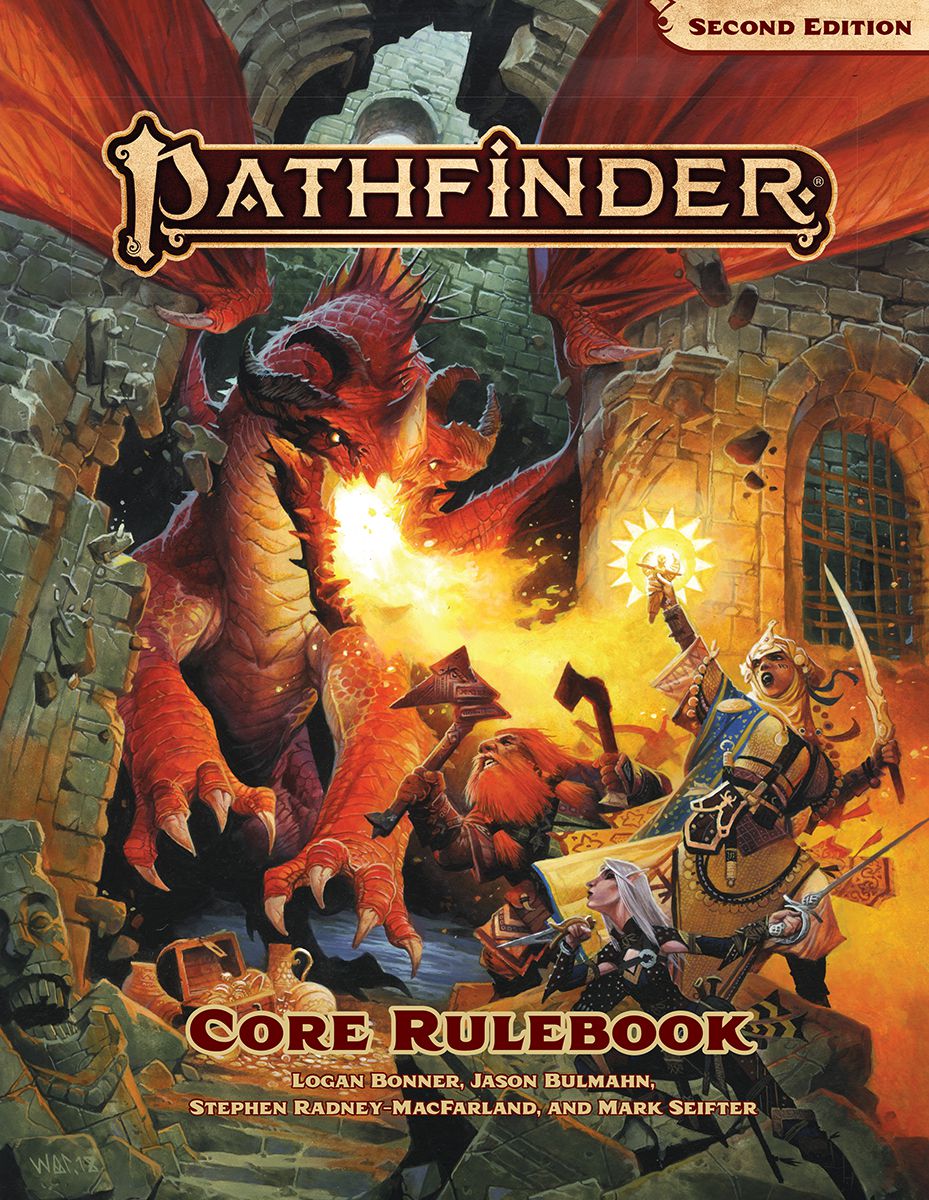 La copertina del nuovo regolamento di base di Pathfinder mostra gli eroi che combattono contro un antico drago rosso, che sta irrompendo attraverso il fianco di un castello decrepito. Le fiamme riempiono l'inquadratura, mentre una chierica con una spada esotica lancia un incantesimo attraverso una sacra reliquia