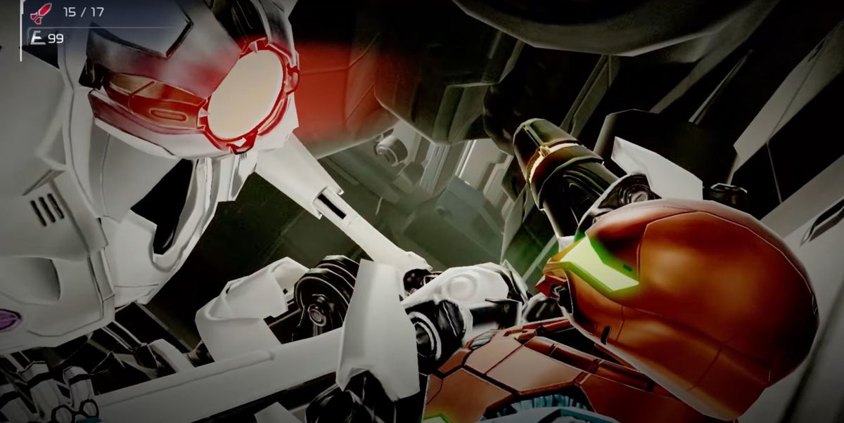 Uno degli EMMI blocca Samus Aran in Metroid Dread