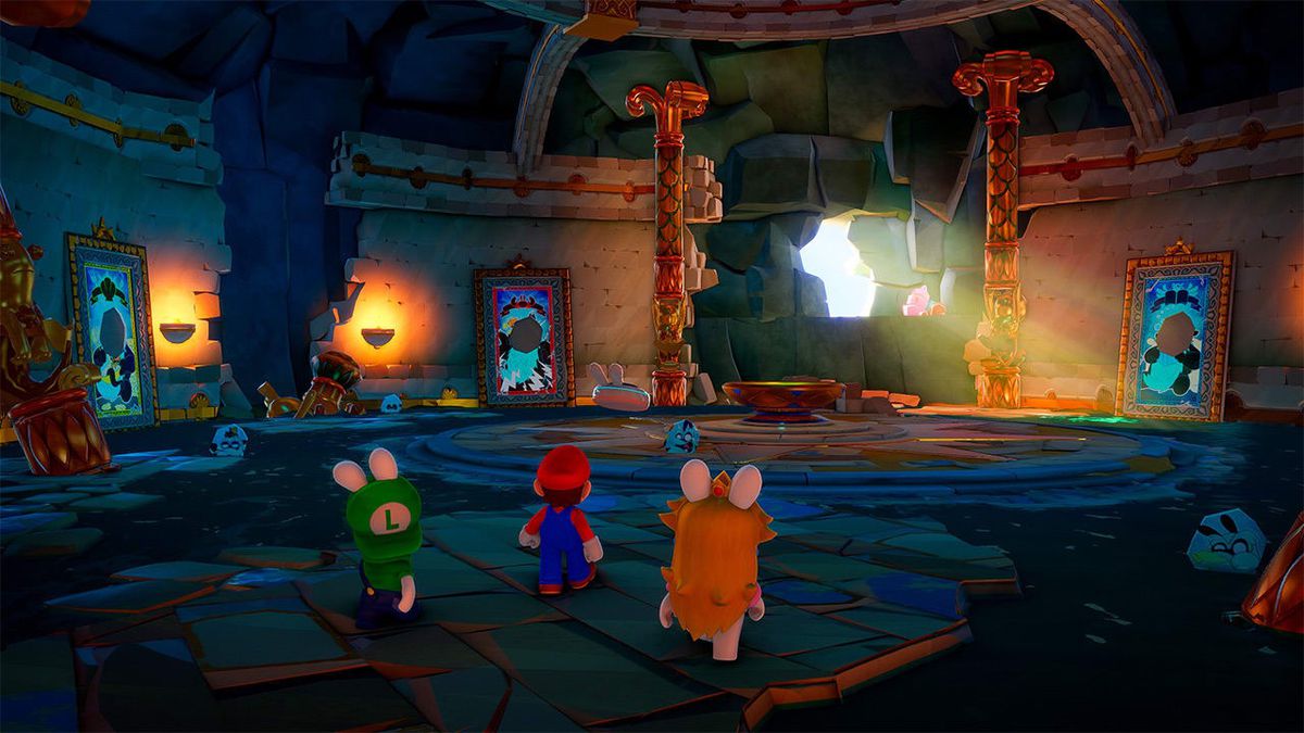 Rabbid Peach, Rabbid Luigi e Mario esplorano un castello abbandonato in Mario + Rabbids Sparks of Hope