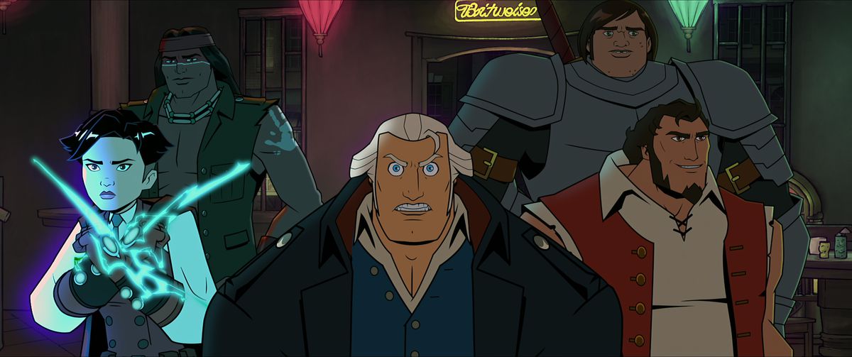 America, Thomas Edison, Geronimo, George Washington, Paul Revere e Samuel Adams di The Motion Picture in una posa da squadra d'azione davanti a un'insegna al neon