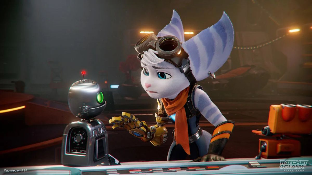 Rivet parla con Clank in uno screenshot di Ratchet & Clank: Rift Apart
